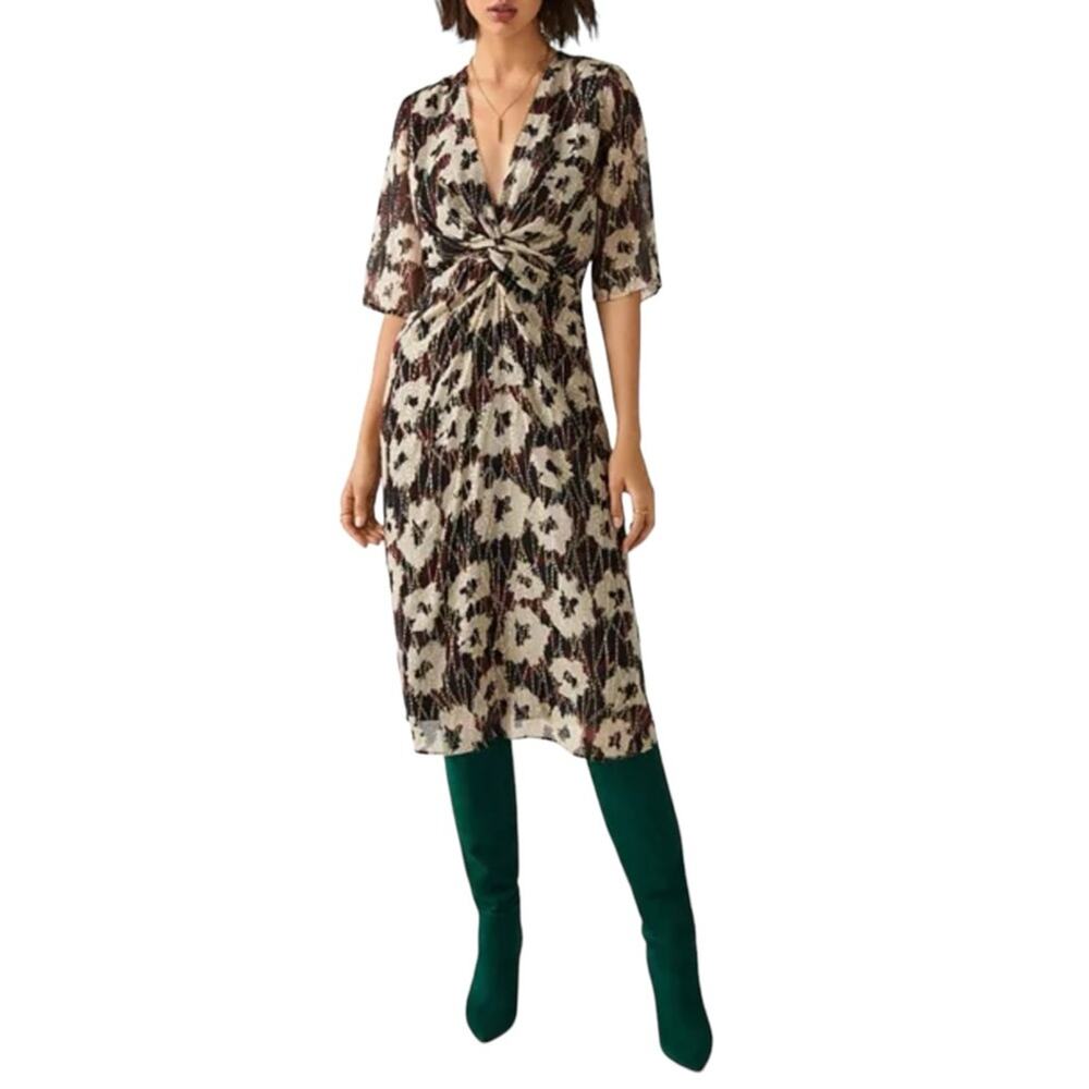 NWT ba&sh Kaz Robe V-Neck Printed Midi Dress SMALL in Ecru
